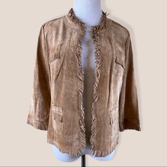 Chico’s Size 0 Leather Fringe Jacket Tan Cropped - Picture 2 of 5